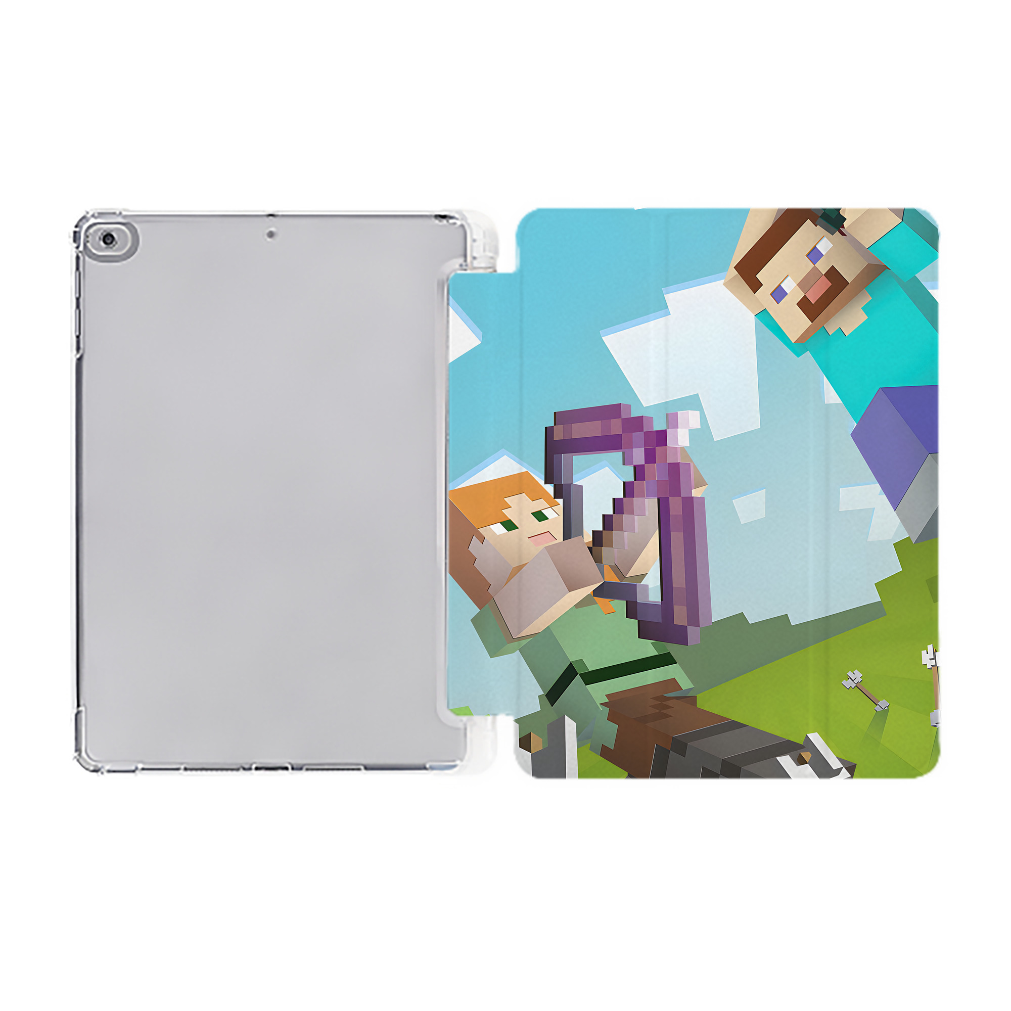 （画像用） マインクラフト ブロックの世界 Minecraft MC Block world IPad ケース ペン収納付き 三つ折りスタンド PUレザー×シリコン 対応機種9.5/10.5/10.9インチ